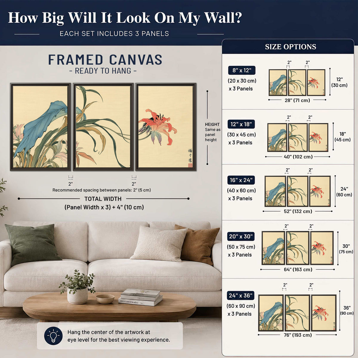 A delicate red flower and long blue-green leaves on a warm cream ground 3 piece framed canvas wall art size guide above a sofa; room view is illustrative