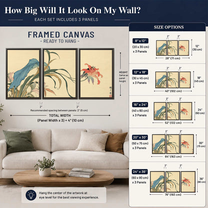 A delicate red flower and long blue-green leaves on a warm cream ground 3 piece framed canvas wall art size guide above a sofa; room view is illustrative