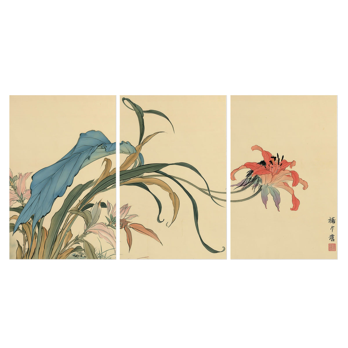 A delicate red flower and long blue-green leaves on a warm cream ground set of 3 poster prints viewed straight on