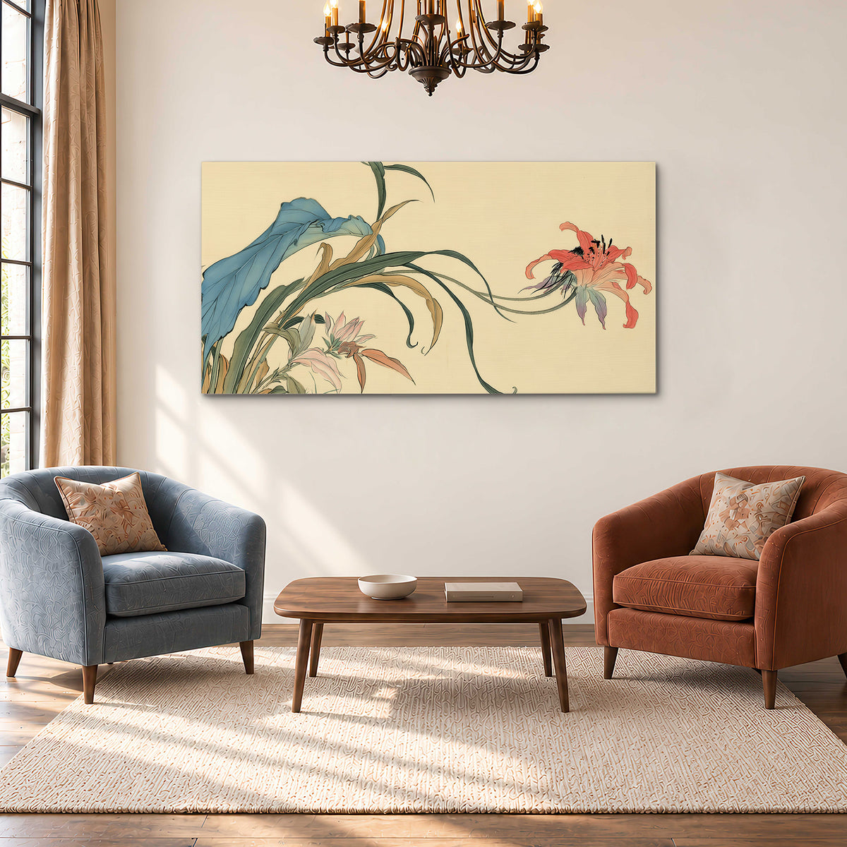 A delicate red flower and long blue-green leaves on a warm cream ground single canvas wall art styled in an interior