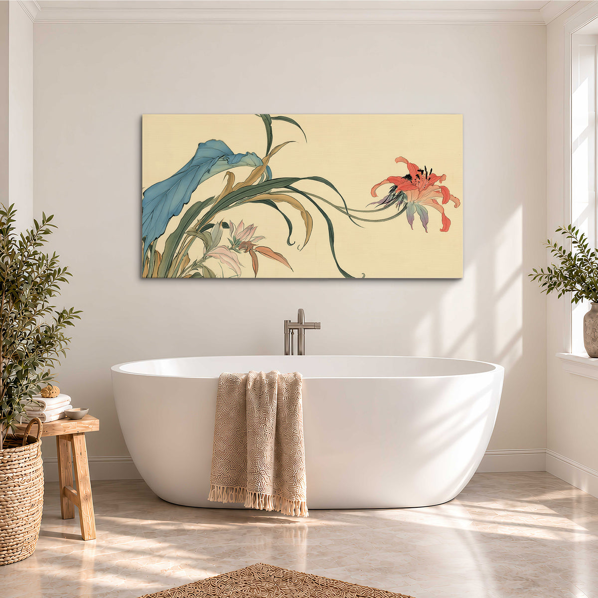 A delicate red flower and long blue-green leaves on a warm cream ground single canvas wall art styled in an interior