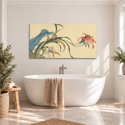 A delicate red flower and long blue-green leaves on a warm cream ground single canvas wall art styled in an interior