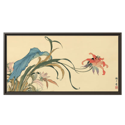A delicate red flower and long blue-green leaves on a warm cream ground single framed canvas wall art viewed straight on
