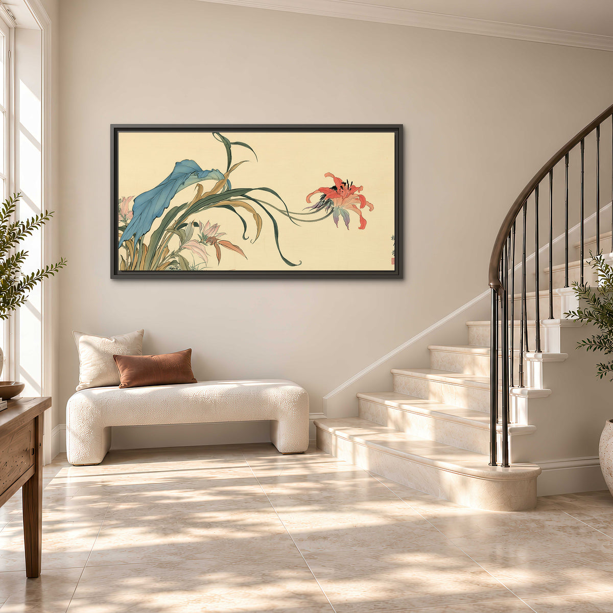 A delicate red flower and long blue-green leaves on a warm cream ground single framed canvas wall art styled in an interior