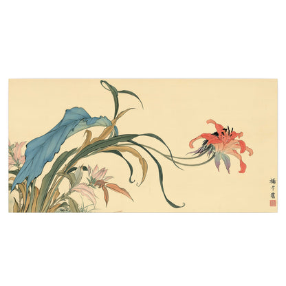 A delicate red flower and long blue-green leaves on a warm cream ground single poster print viewed straight on