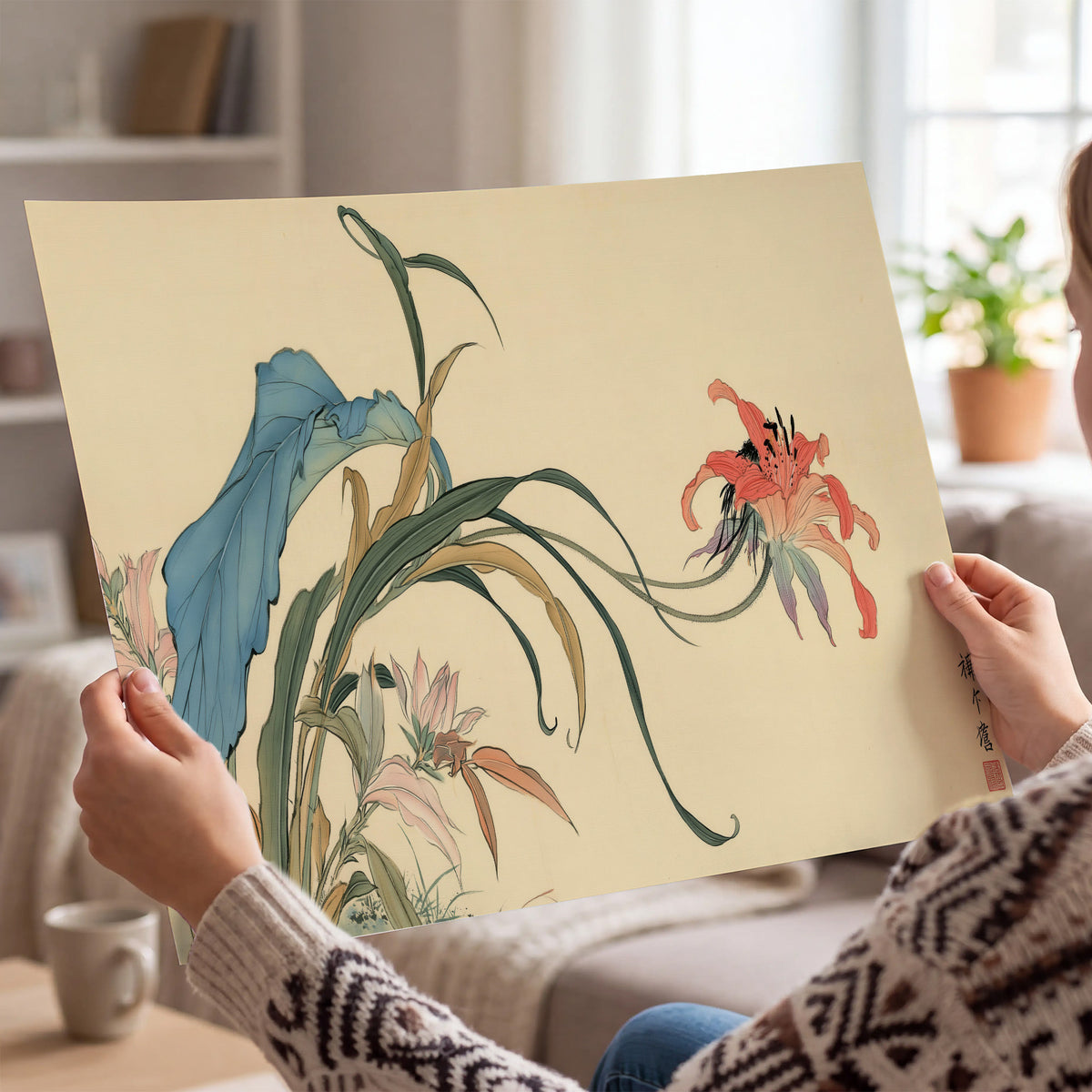 A delicate red flower and long blue-green leaves on a warm cream ground single poster print held in hands