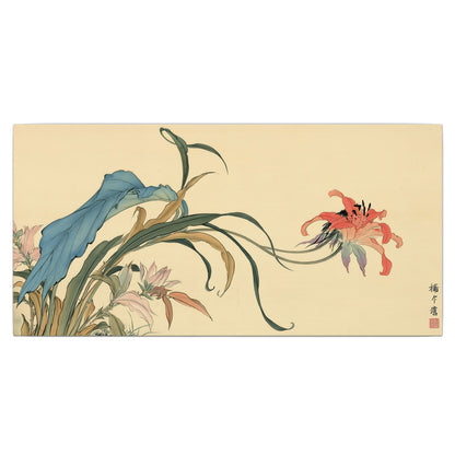 A delicate red flower and long blue-green leaves on a warm cream ground single canvas wall art viewed straight on