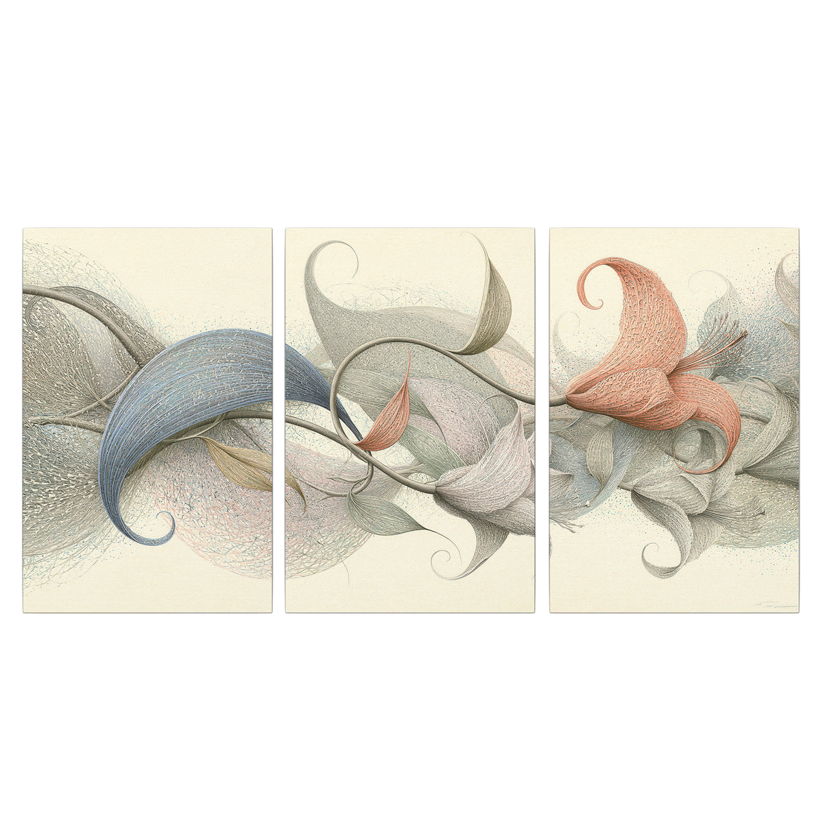 Soft gray, pink and green leaf-like forms joined by delicate flowing lines 3 piece canvas wall art viewed straight on