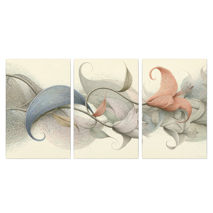 Soft gray, pink and green leaf-like forms joined by delicate flowing lines 3 piece canvas wall art viewed straight on
