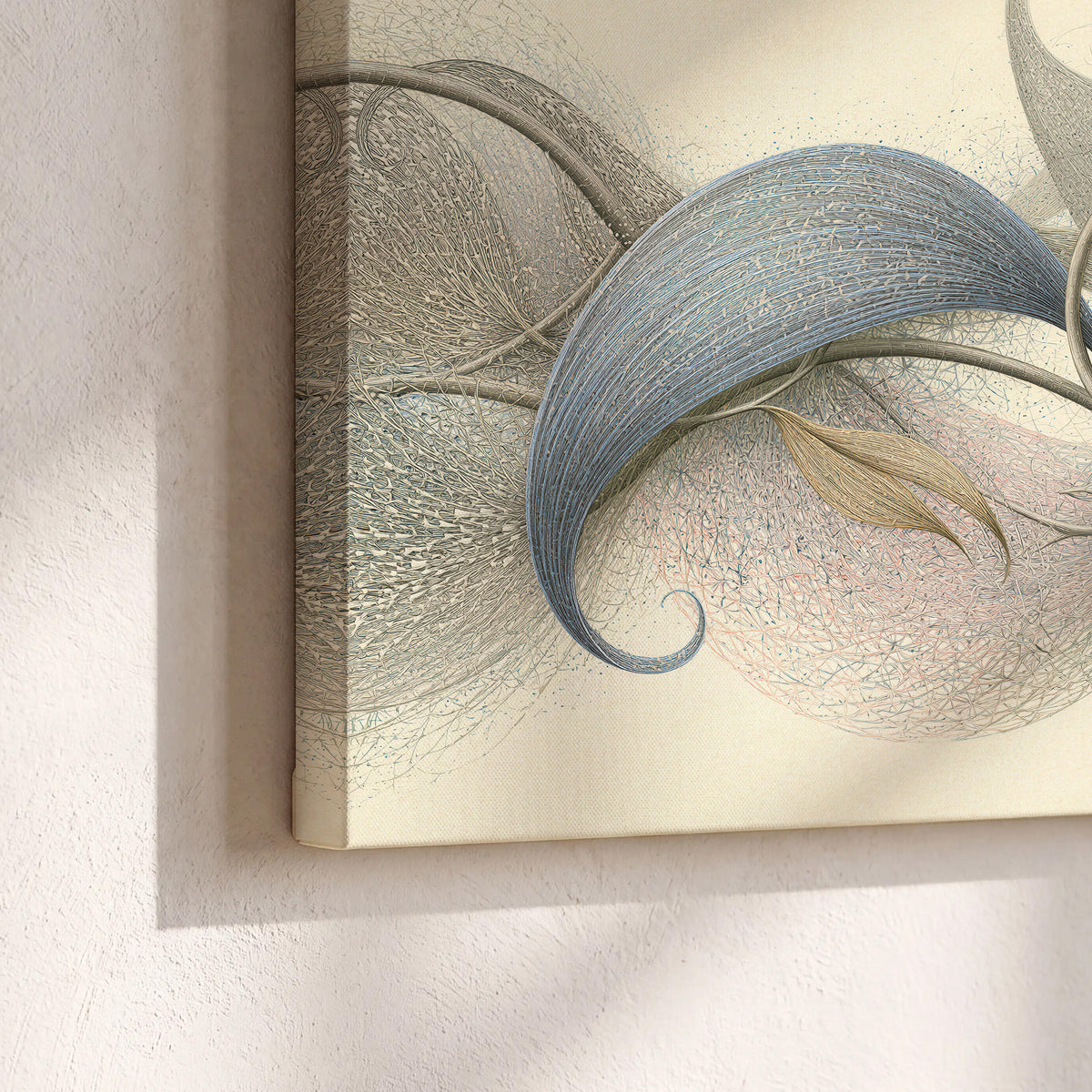 Soft gray, pink and green leaf-like forms joined by delicate flowing lines 3 piece canvas wall art material and edge close up