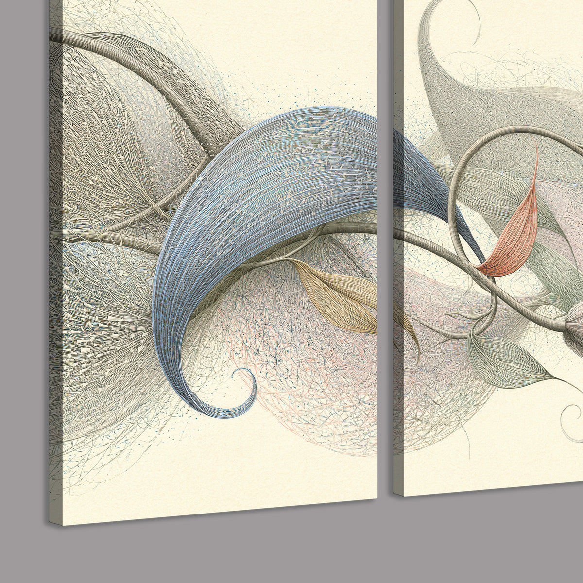 Soft gray, pink and green leaf-like forms joined by delicate flowing lines 3 piece canvas wall art room and product view