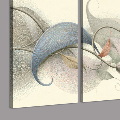 Soft gray, pink and green leaf-like forms joined by delicate flowing lines 3 piece canvas wall art room and product view
