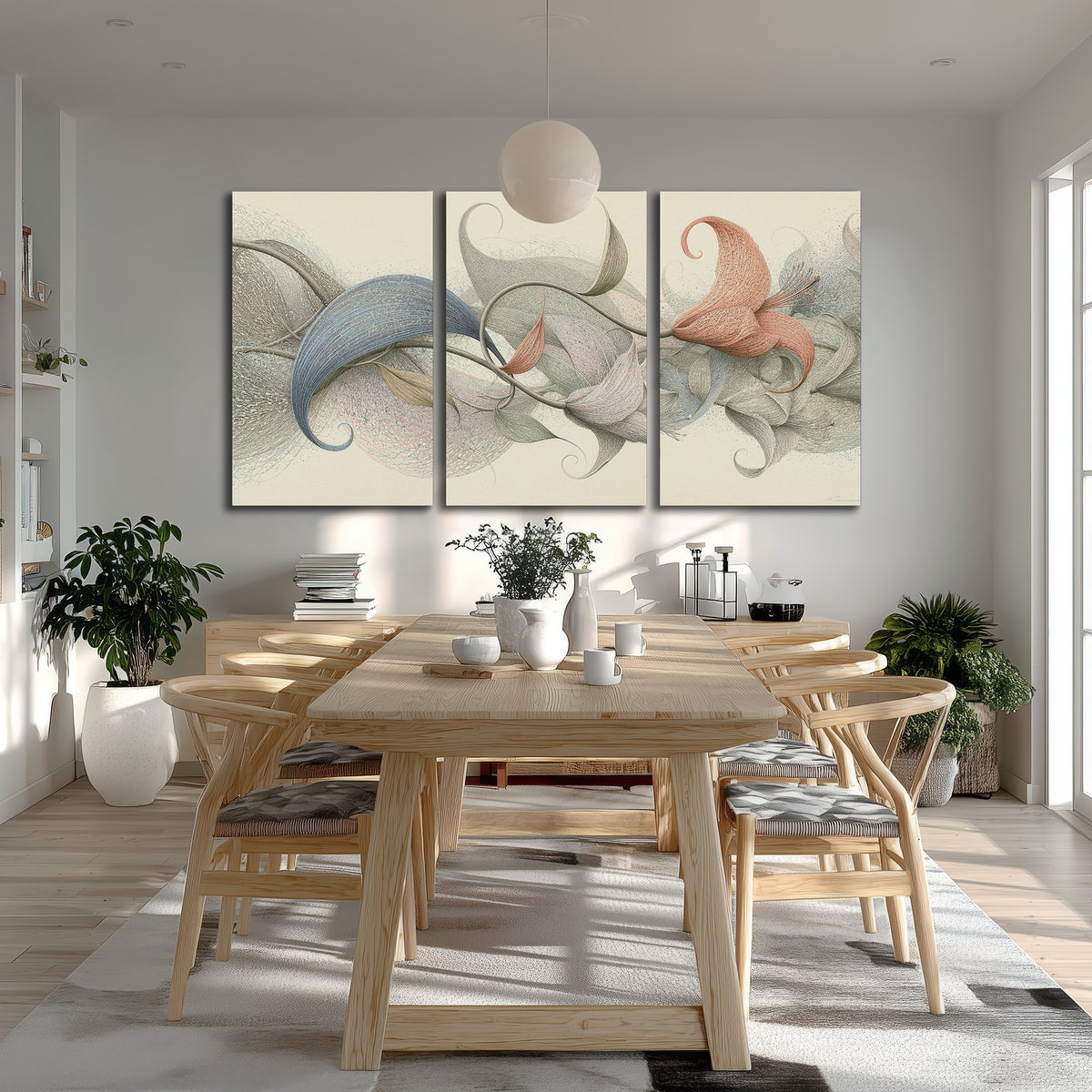 Soft gray, pink and green leaf-like forms joined by delicate flowing lines 3 piece canvas wall art room and product view