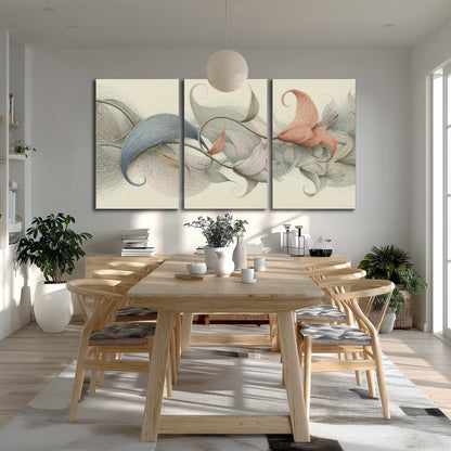 Soft gray, pink and green leaf-like forms joined by delicate flowing lines 3 piece canvas wall art room and product view