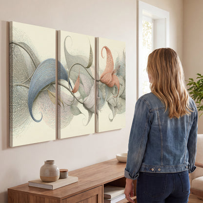 Soft gray, pink and green leaf-like forms joined by delicate flowing lines 3 piece canvas wall art three panel arrangement on a wall