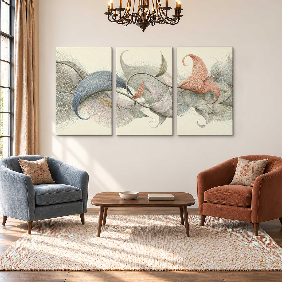 Soft gray, pink and green leaf-like forms joined by delicate flowing lines 3 piece canvas wall art styled in an interior