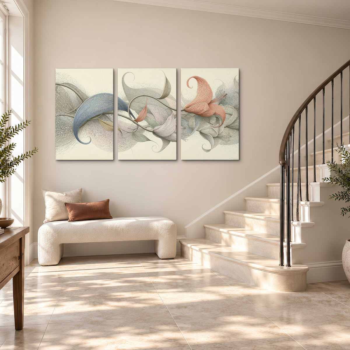 Soft gray, pink and green leaf-like forms joined by delicate flowing lines 3 piece canvas wall art styled in an interior