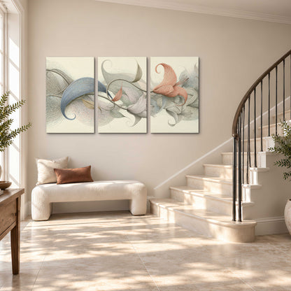 Soft gray, pink and green leaf-like forms joined by delicate flowing lines 3 piece canvas wall art styled in an interior