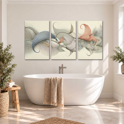 Soft gray, pink and green leaf-like forms joined by delicate flowing lines 3 piece canvas wall art styled in an interior