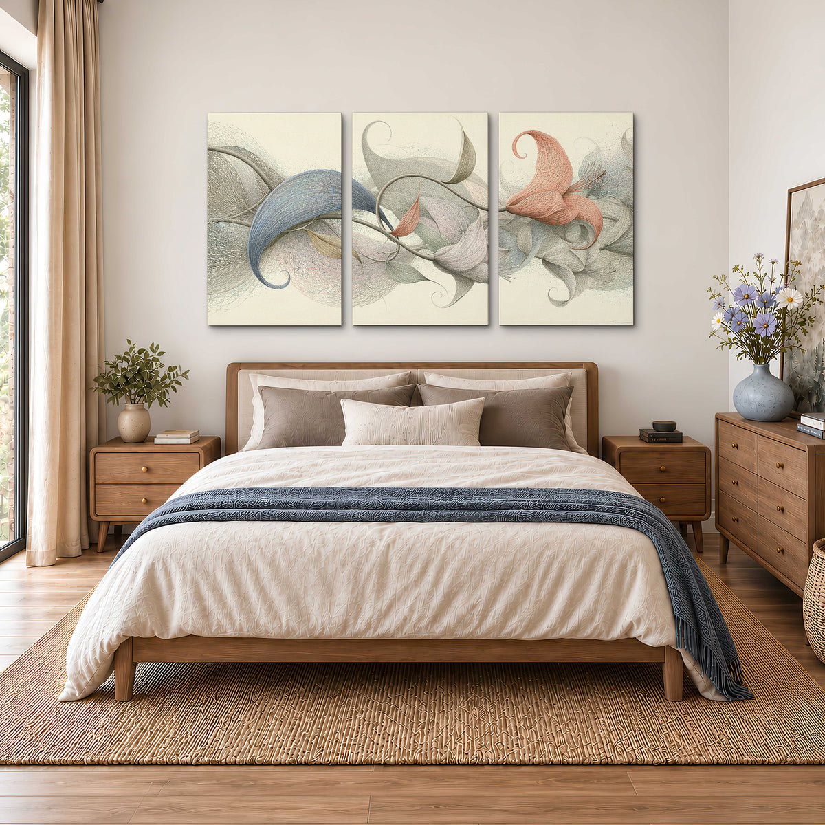 Soft gray, pink and green leaf-like forms joined by delicate flowing lines 3 piece canvas wall art styled in an interior