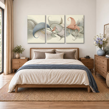 Soft gray, pink and green leaf-like forms joined by delicate flowing lines 3 piece canvas wall art styled in an interior