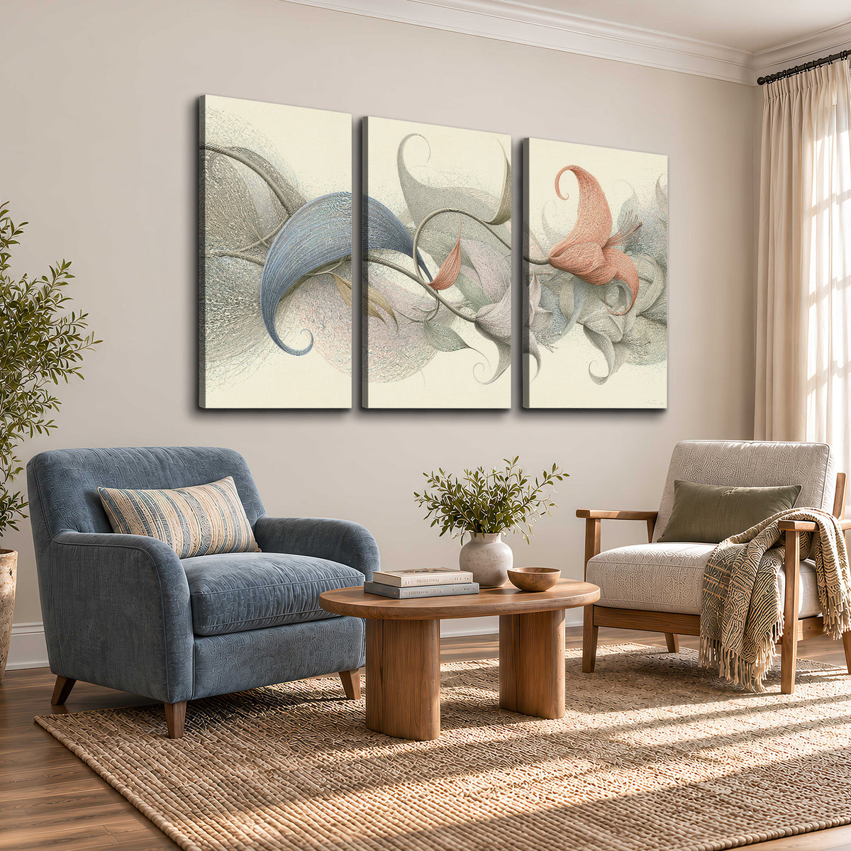 Soft gray, pink and green leaf-like forms joined by delicate flowing lines 3 piece canvas wall art styled in an interior