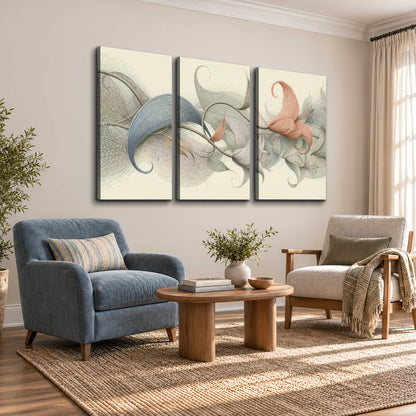 Soft gray, pink and green leaf-like forms joined by delicate flowing lines 3 piece canvas wall art styled in an interior