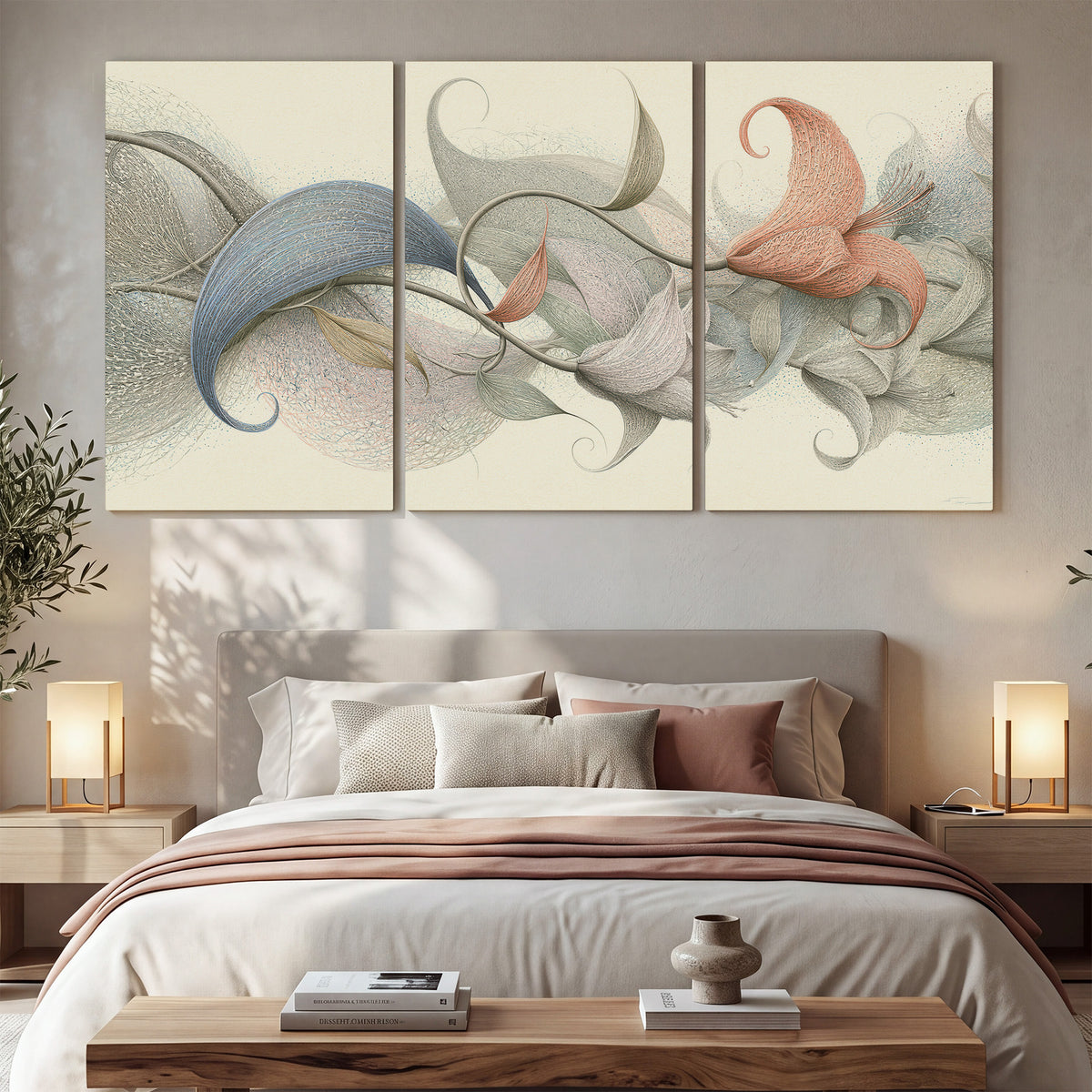 Soft gray, pink and green leaf-like forms joined by delicate flowing lines 3 piece canvas wall art displayed in a bedroom
