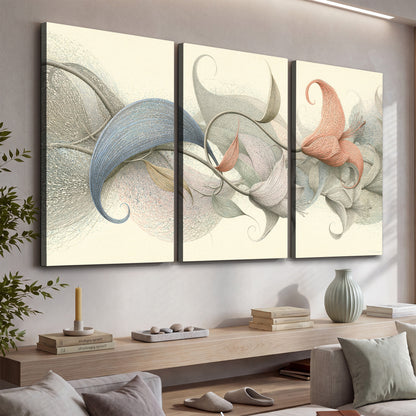 Soft gray, pink and green leaf-like forms joined by delicate flowing lines 3 piece canvas wall art displayed in a console