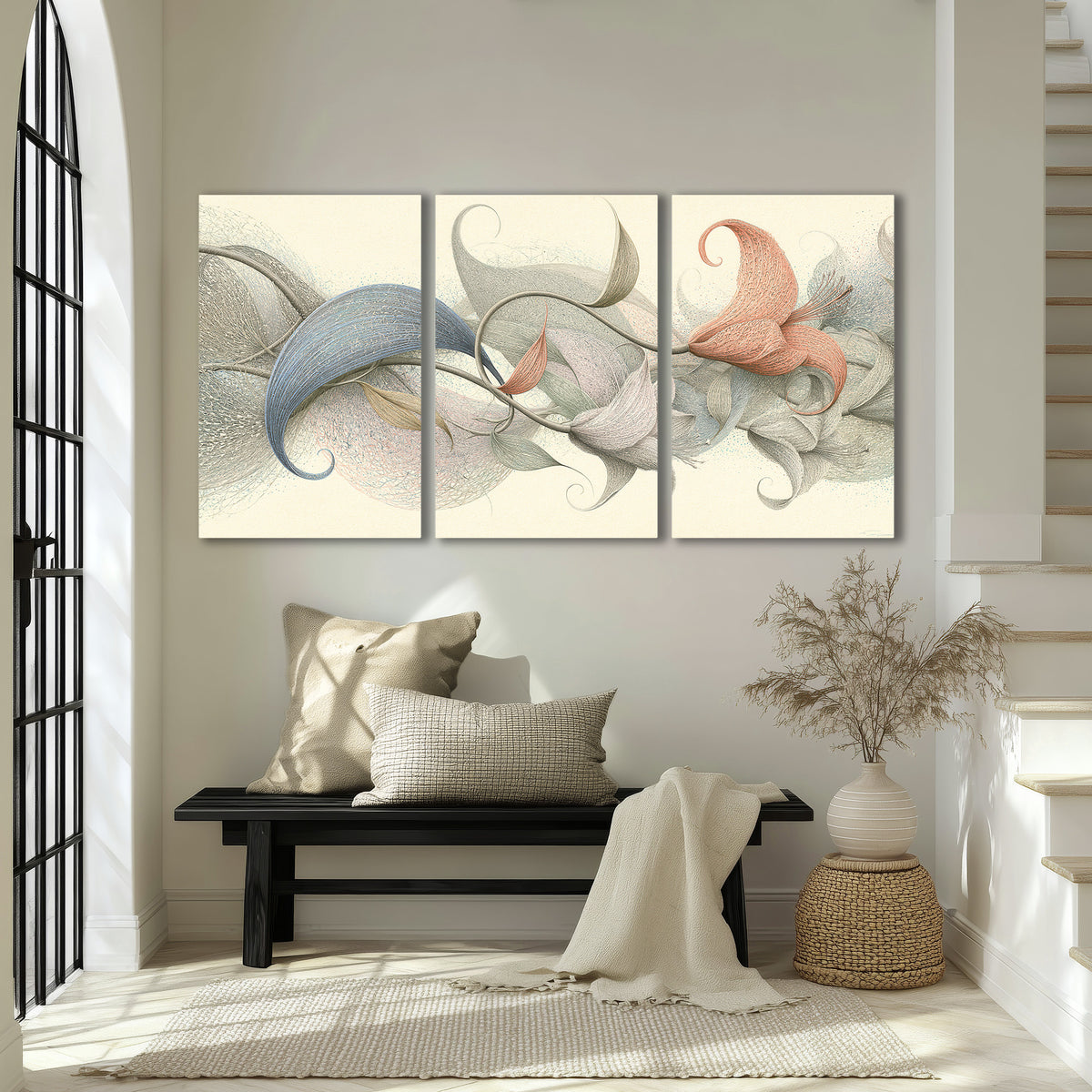Soft gray, pink and green leaf-like forms joined by delicate flowing lines 3 piece canvas wall art displayed in a entryway