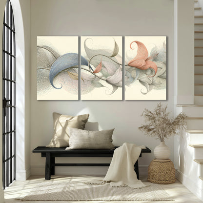 Soft gray, pink and green leaf-like forms joined by delicate flowing lines 3 piece canvas wall art displayed in a entryway