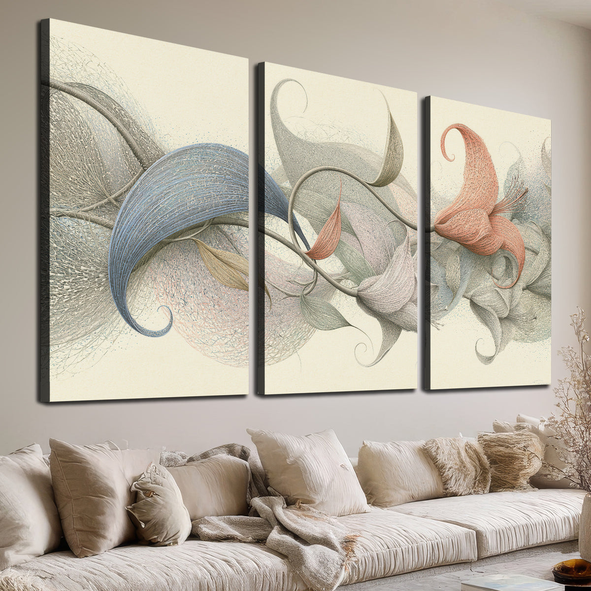 Soft gray, pink and green leaf-like forms joined by delicate flowing lines 3 piece canvas wall art room and product view