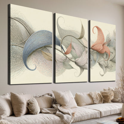 Soft gray, pink and green leaf-like forms joined by delicate flowing lines 3 piece canvas wall art room and product view
