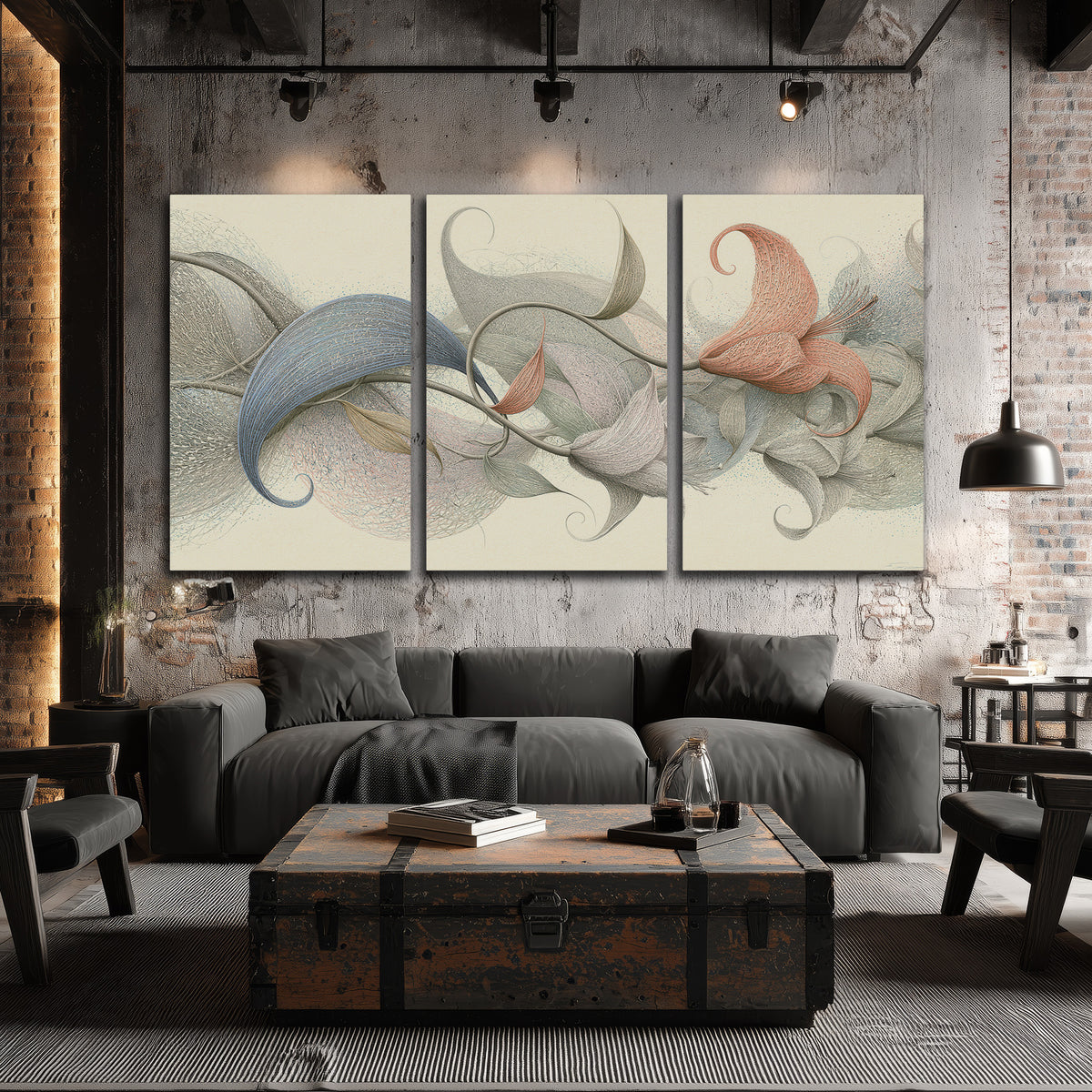 Soft gray, pink and green leaf-like forms joined by delicate flowing lines 3 piece canvas wall art displayed in a industrial room