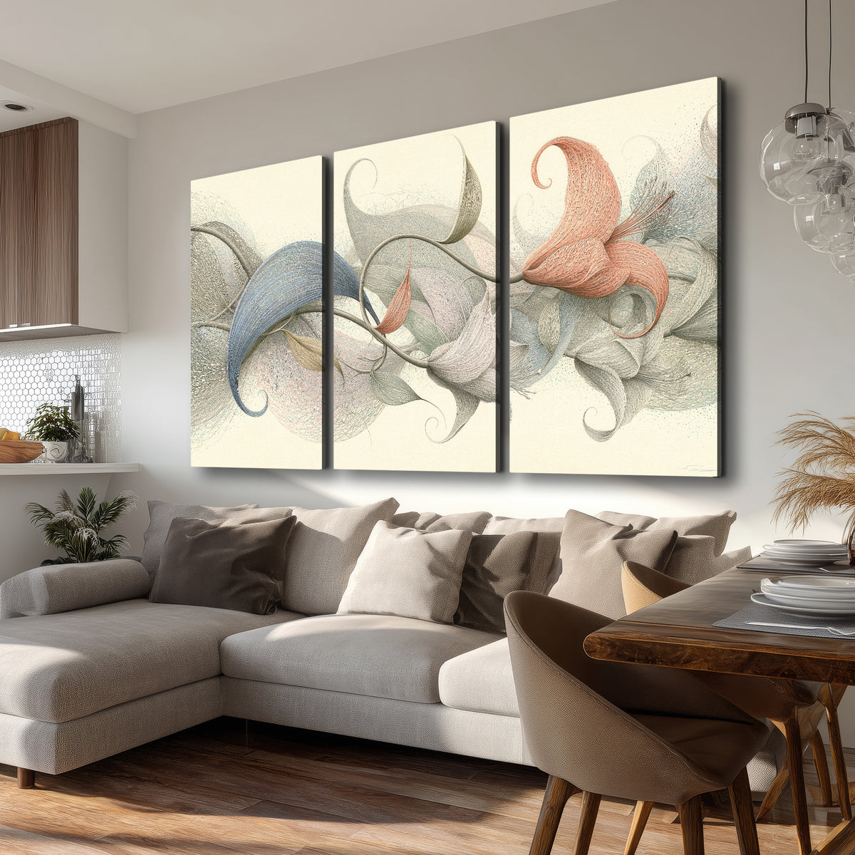 Soft gray, pink and green leaf-like forms joined by delicate flowing lines 3 piece canvas wall art room and product view