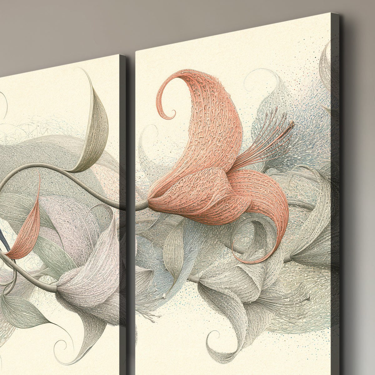 Soft gray, pink and green leaf-like forms joined by delicate flowing lines 3 piece canvas wall art room and product view