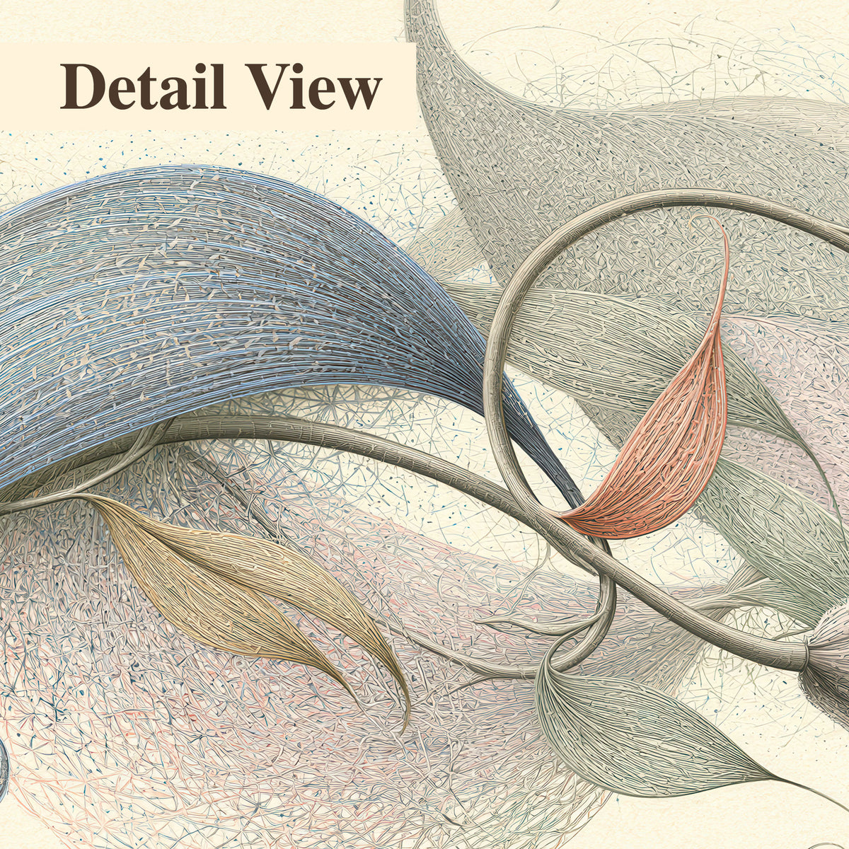 Soft gray, pink and green leaf-like forms joined by delicate flowing lines 3 piece canvas wall art artwork detail close up