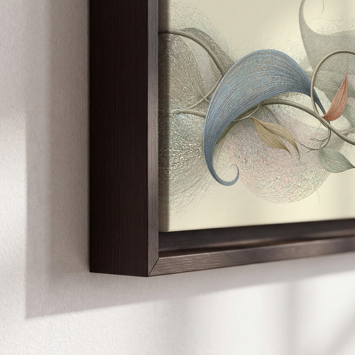 Soft gray, pink and green leaf-like forms joined by delicate flowing lines 3 piece framed canvas wall art material and edge close up