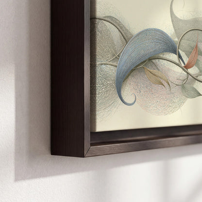 Soft gray, pink and green leaf-like forms joined by delicate flowing lines 3 piece framed canvas wall art material and edge close up