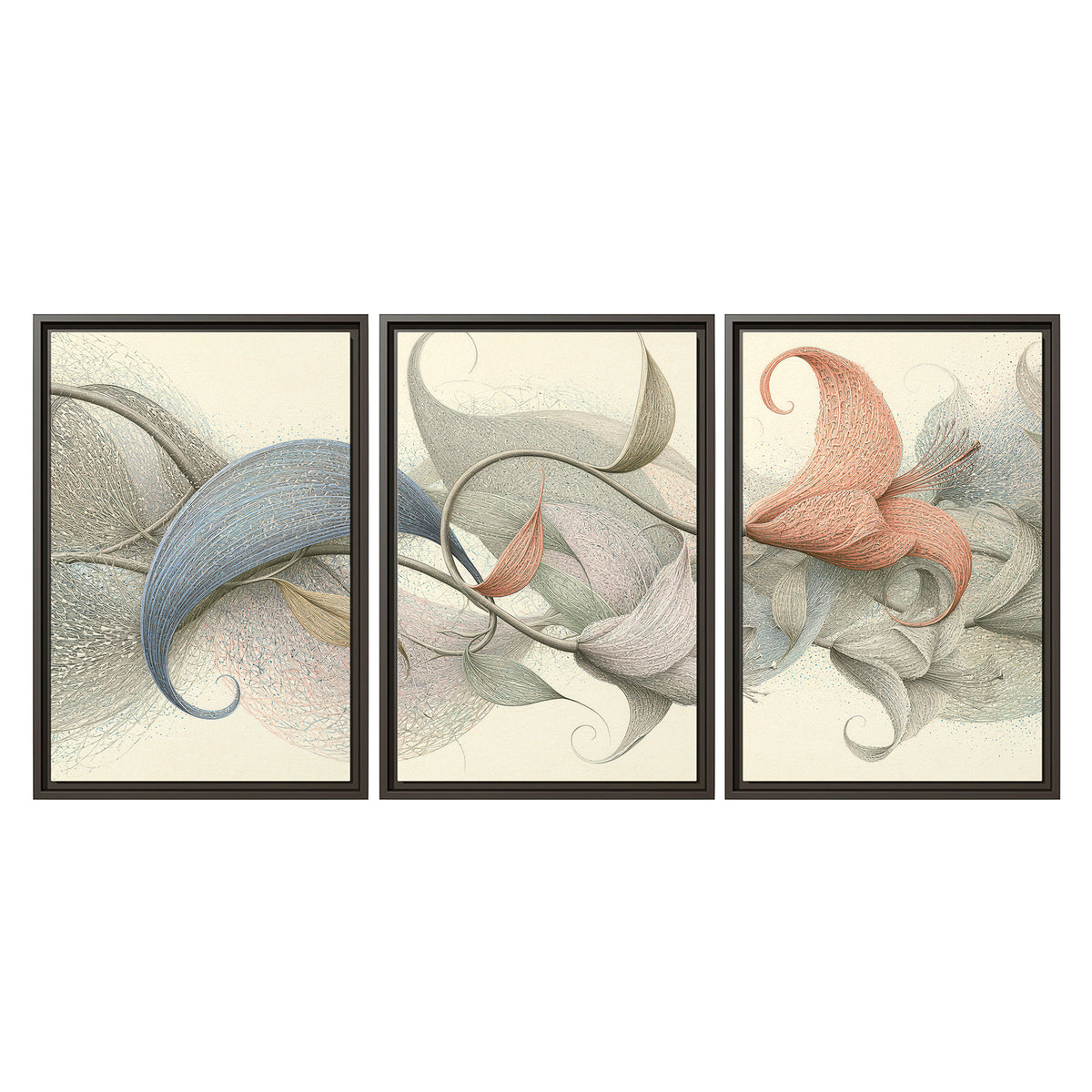 Soft gray, pink and green leaf-like forms joined by delicate flowing lines 3 piece framed canvas wall art viewed straight on