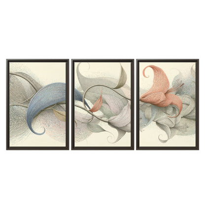 Soft gray, pink and green leaf-like forms joined by delicate flowing lines 3 piece framed canvas wall art viewed straight on