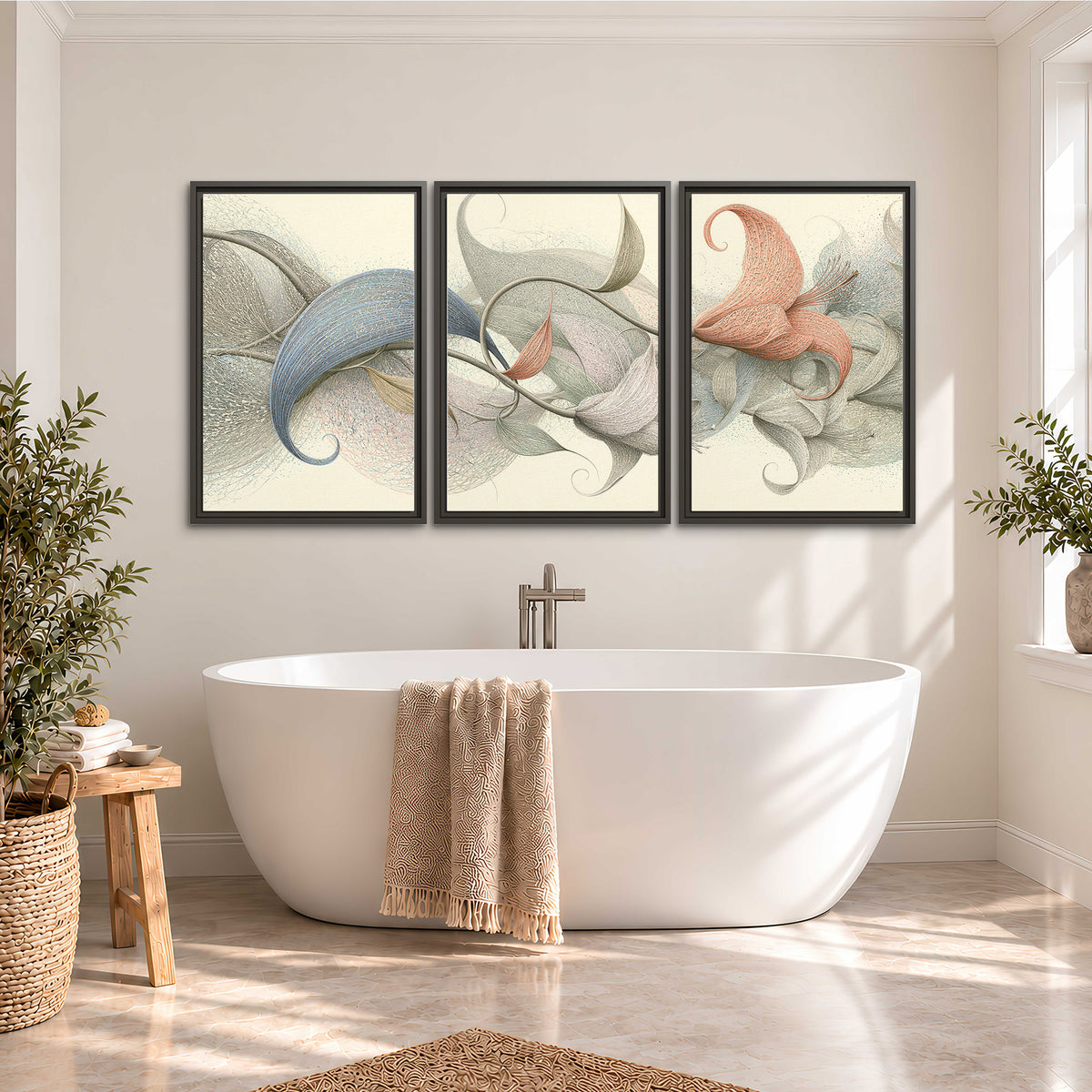 Soft gray, pink and green leaf-like forms joined by delicate flowing lines 3 piece framed canvas wall art styled in an interior