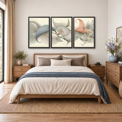 Soft gray, pink and green leaf-like forms joined by delicate flowing lines 3 piece framed canvas wall art styled in an interior