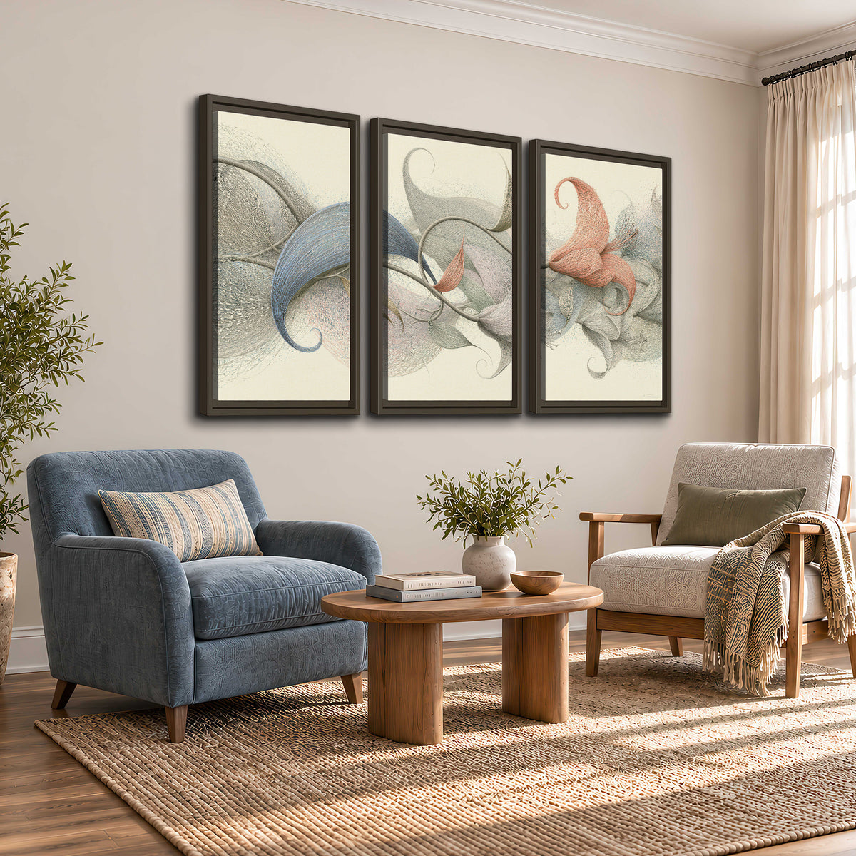 Soft gray, pink and green leaf-like forms joined by delicate flowing lines 3 piece framed canvas wall art styled in an interior
