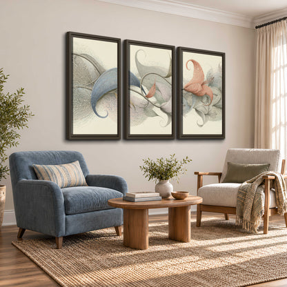 Soft gray, pink and green leaf-like forms joined by delicate flowing lines 3 piece framed canvas wall art styled in an interior