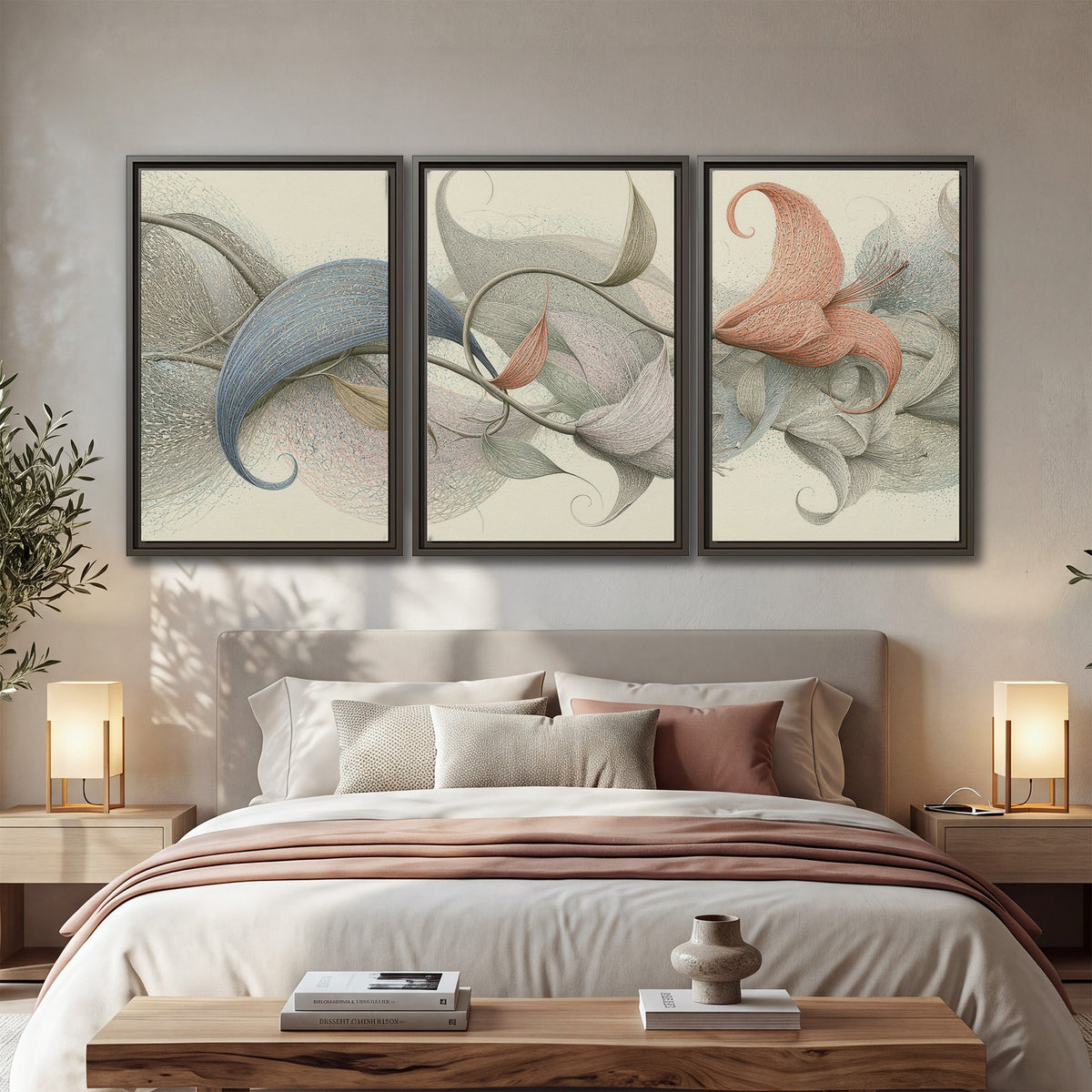 Soft gray, pink and green leaf-like forms joined by delicate flowing lines 3 piece framed canvas wall art displayed in a bedroom