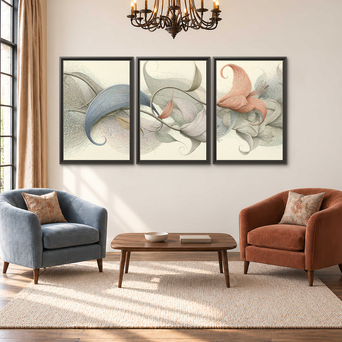 Soft gray, pink and green leaf-like forms joined by delicate flowing lines 3 piece framed canvas wall art styled in an interior
