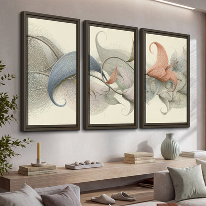 Soft gray, pink and green leaf-like forms joined by delicate flowing lines 3 piece framed canvas wall art displayed in a console
