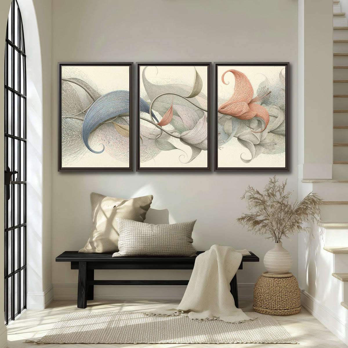 Soft gray, pink and green leaf-like forms joined by delicate flowing lines 3 piece framed canvas wall art displayed in a entryway
