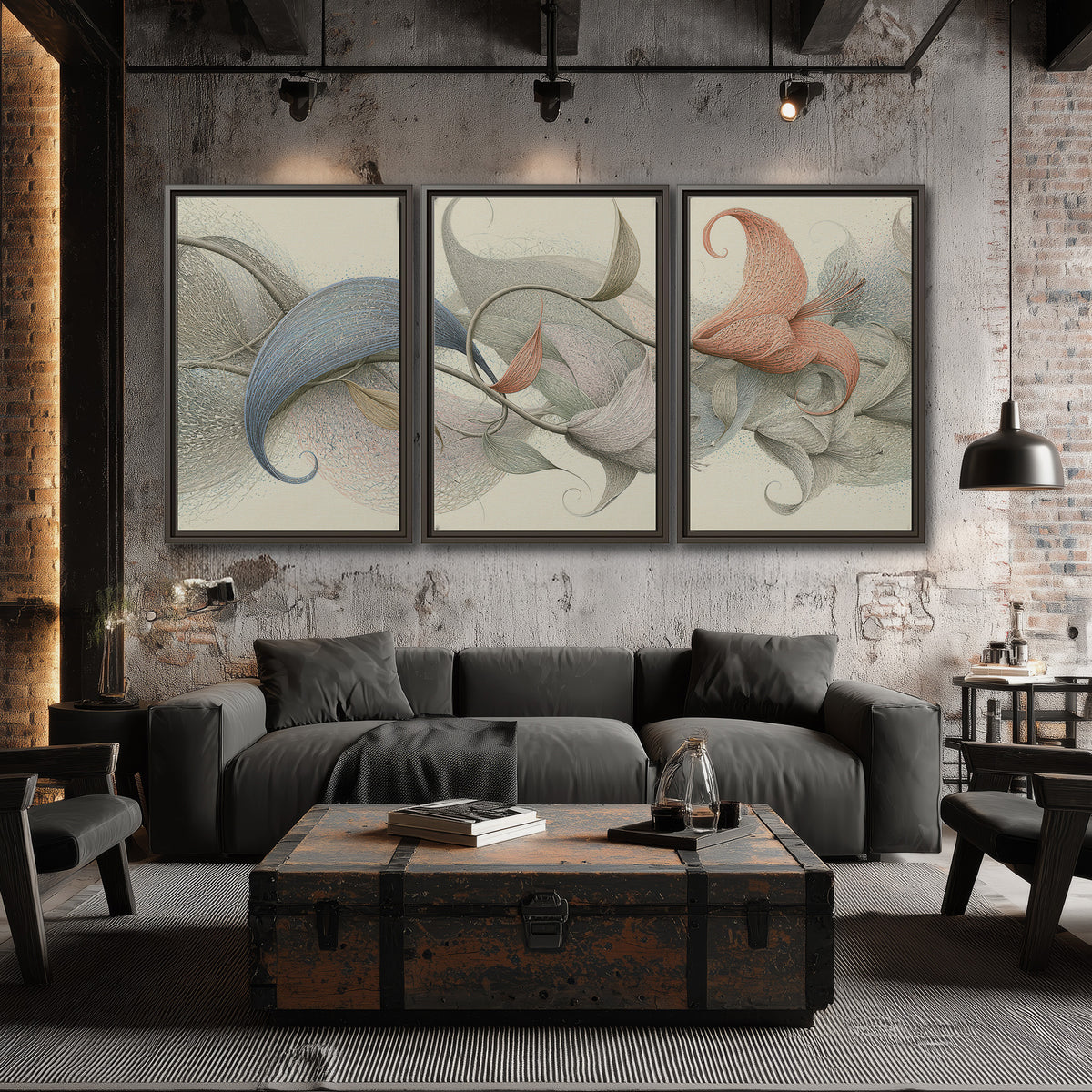 Soft gray, pink and green leaf-like forms joined by delicate flowing lines 3 piece framed canvas wall art displayed in a industrial room